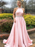 A Line Open Back Beadings Pink Prom Dresses With Pockets LBQ0211